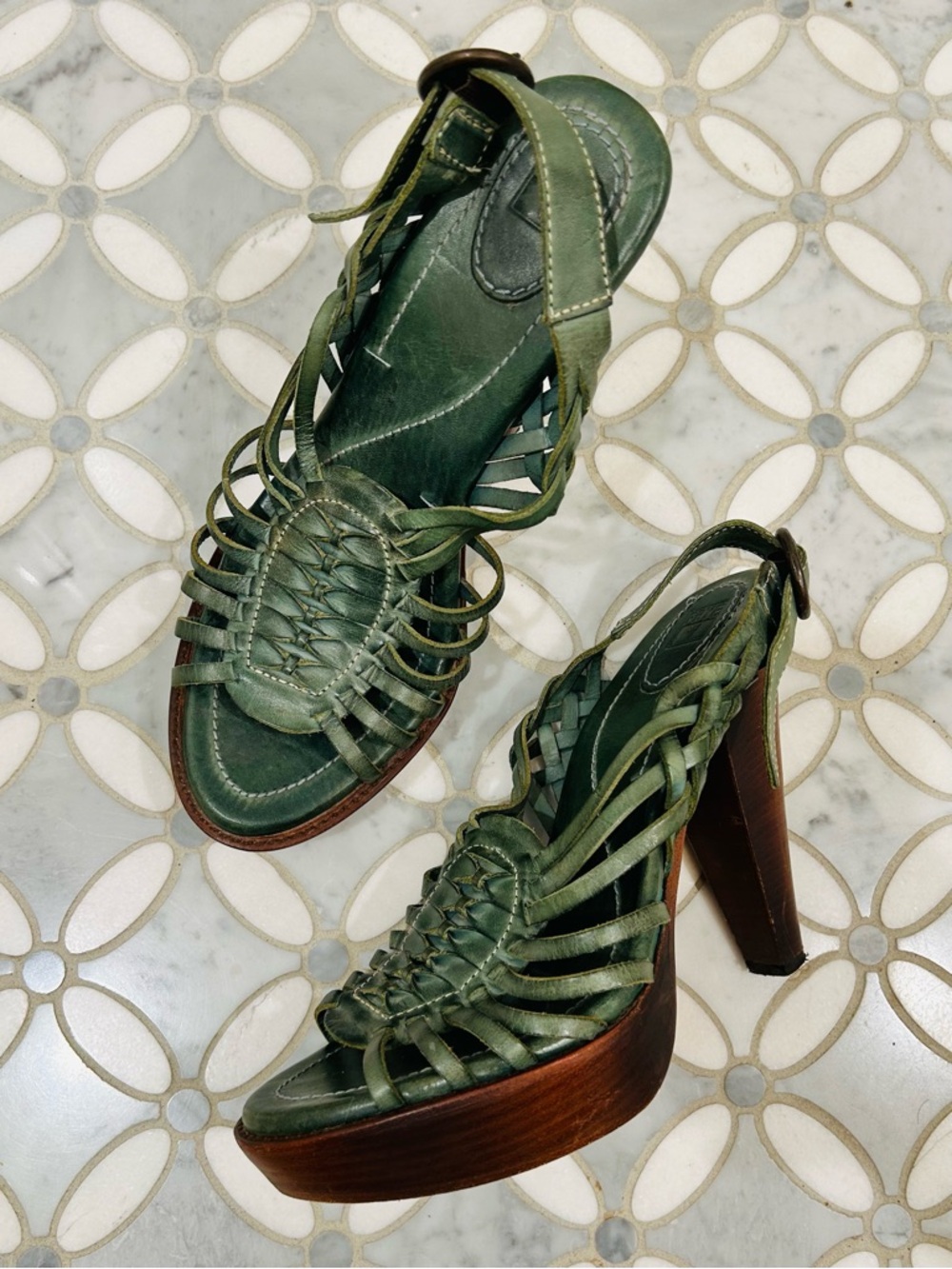 Frye Joy Huarache Platform Sandals Olive Green Leather Wood Heels Boho 9.5 - Picture 2 of 13
